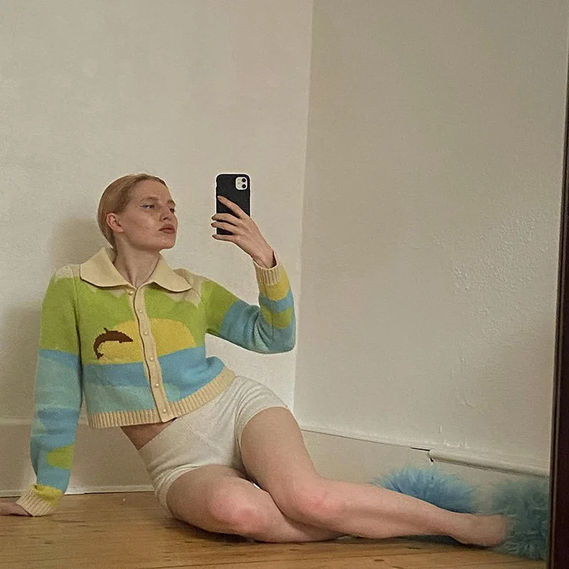 

Knit Cardigan Woman 2021 Cyber y2k Long Sleeve Green Coat Vintage Summer Autumn Sweaters Turn Down Collar Jumpers Button Clothes