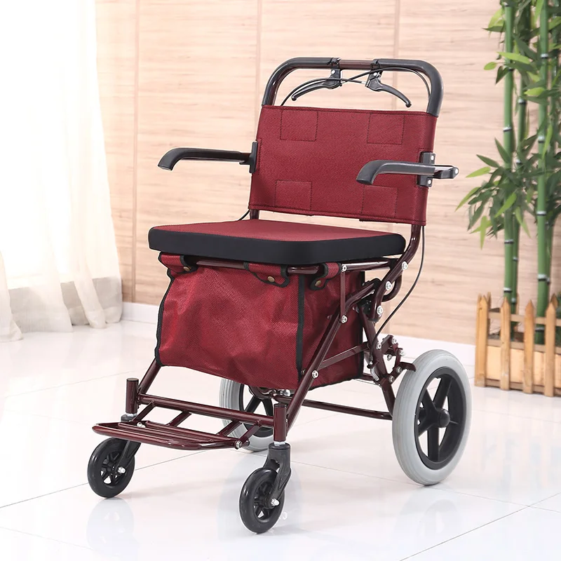 Senior's Four-Wheeled Shopping Cart, Fold Elderly Trolley Walker, Red Color Helper Crutch