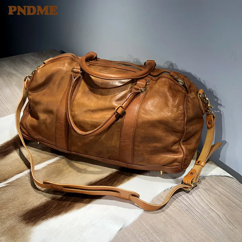 PNDME vintage luxury natural genuine leather men's large-capacity travel bag weekend outdoor soft real cowhide big luggage bag