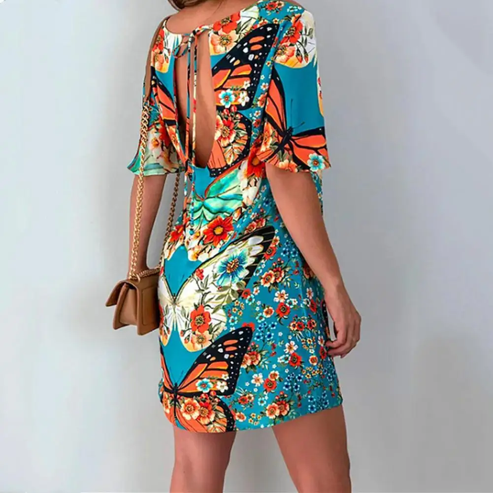 

Butterflies Print Mini Dress Women Sexy Bandage Backless Cold Shoulder Dress for Women Sexy Lace Up Loose A-Line Dress Beach Dr