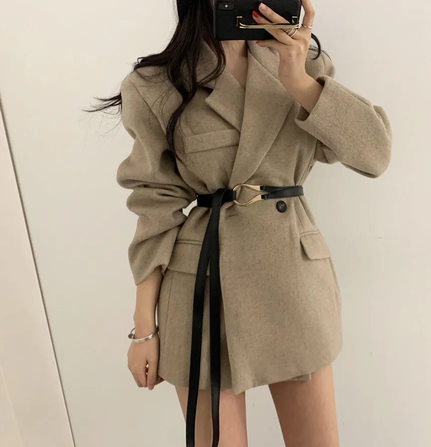 

Autumn Suit Collar Two Button Design Slim Long Sleeve Tweed Coat Korean