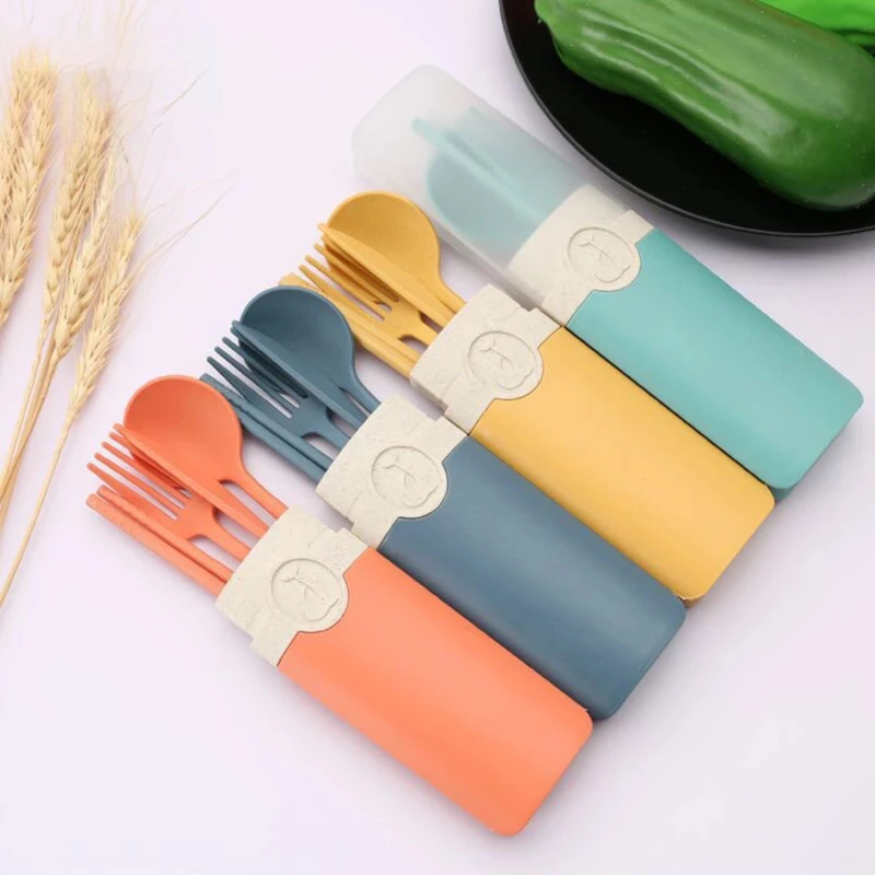 

Portable Reusable Spoon Fork Travel Picnic Chopsticks Wheat Straw Tableware Cutlery Set With Carrying Box For Student Office