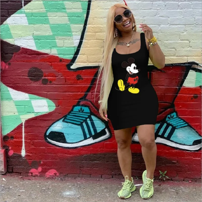 

DISNEY mickey mouse Hot stamping pattern Hot stamping pattern European and American women's suspender sexy dress oversize