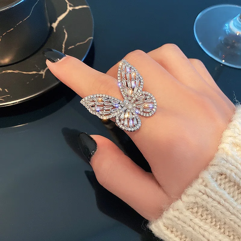 

Adjustable Super Fairy Zircon Butterfly Open Index Finger Ring Fashion Temperament Sweet Wild Love Open Ring Female Jewelry