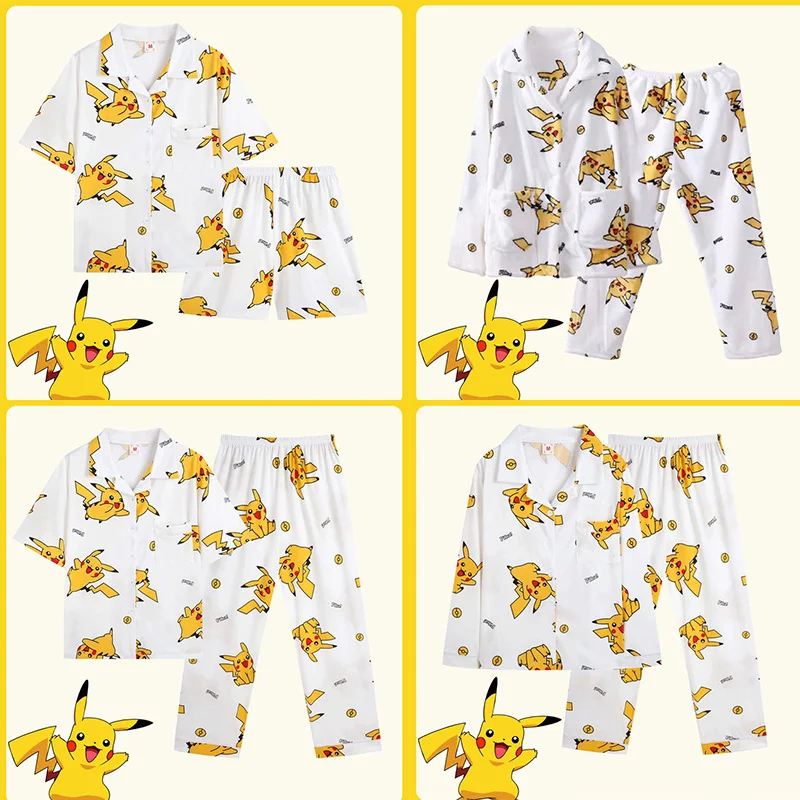 

Pokemon Pikachu Kawai Long-Sleeved Short-Sleeved Plush Home Pajamas Cartoon Couple Home Set Autumn and Winter Warm and Cold Gift