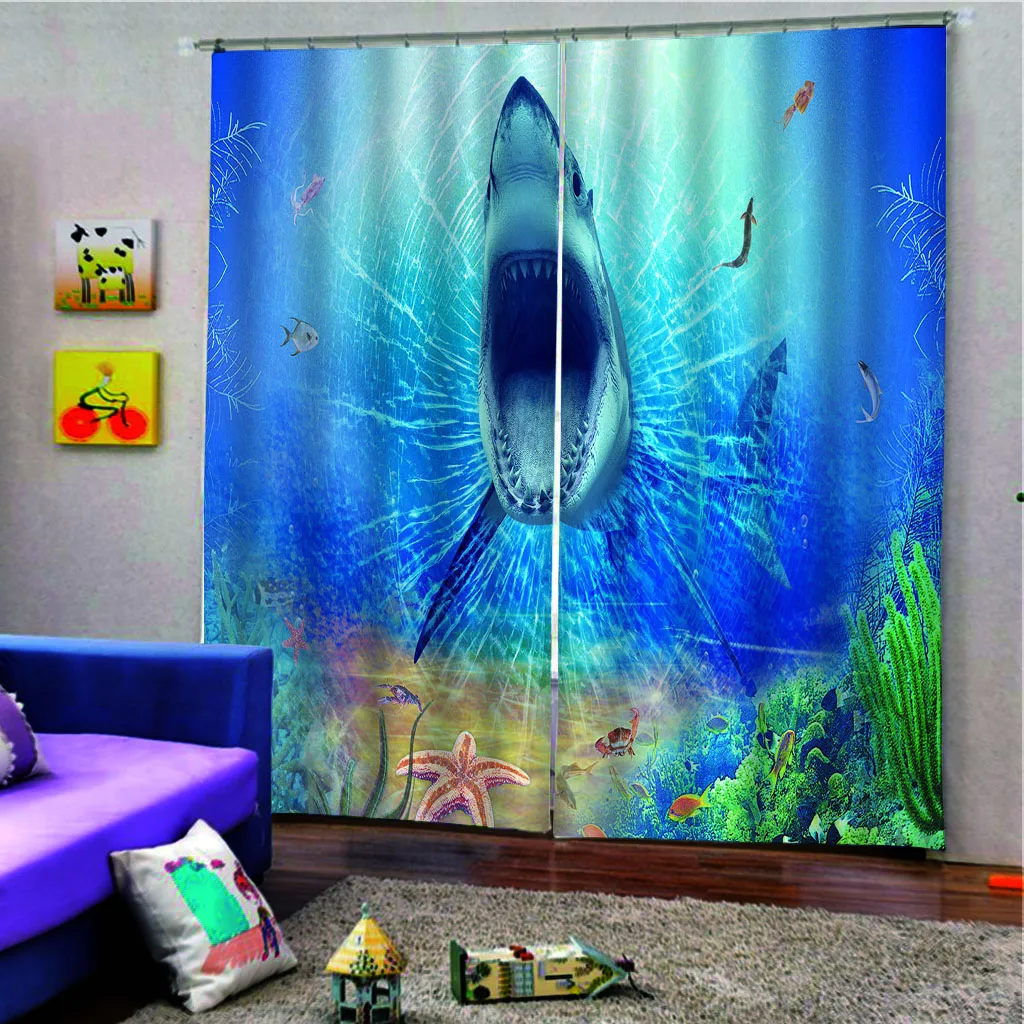 

Shark 3D Undersea Animals Printing Curtain For Children's room Blackout Window Drapes home Decor set (left and right side)