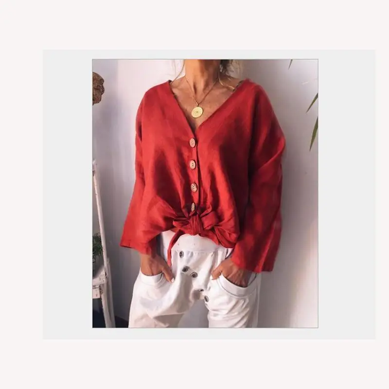 Женские рубашки 2019 летняя однотонная Повседневная Свободная рубашка с v-образным