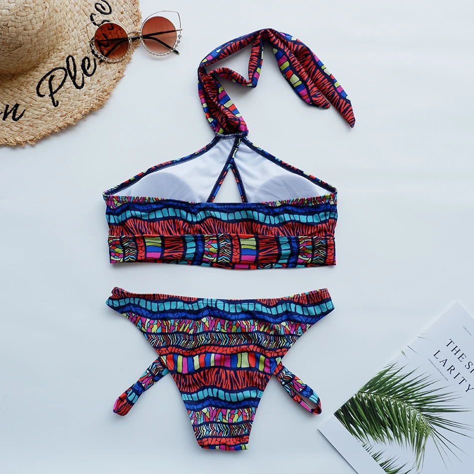 Женский комплект бикини с чашками пуш-ап и принтом высоким воротом | Женская