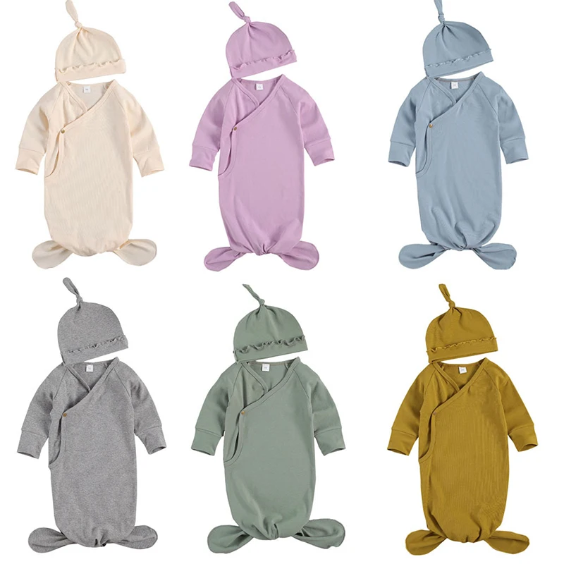 Newborn Baby Knotted Sleeping Bag Organic Cotton Baby Swaddling Clothes With hat Holding Quilt Spring Autumn Outwear 0-3M