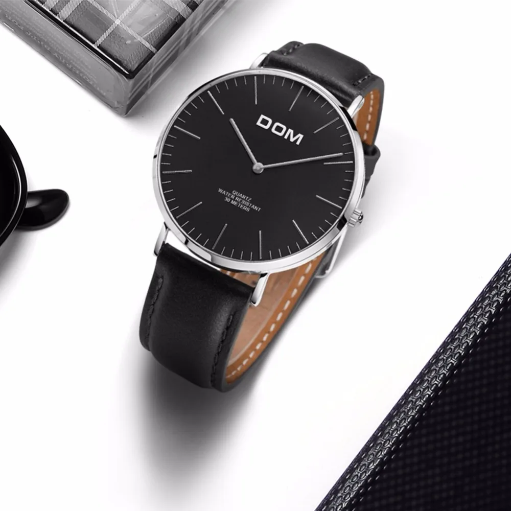 Часы dom мужские Топ люксовый бренд черные Серебряные кожаные кварцевые наручные