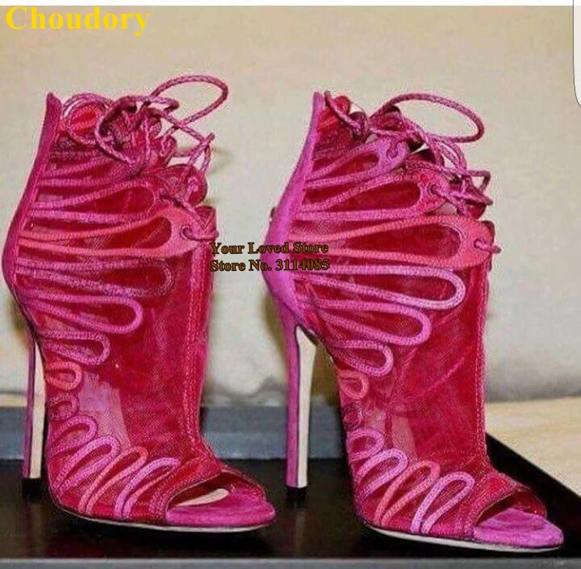 Полусапожки Choudory розовые с бабочкой на шпильке сетчатые короткие сапоги