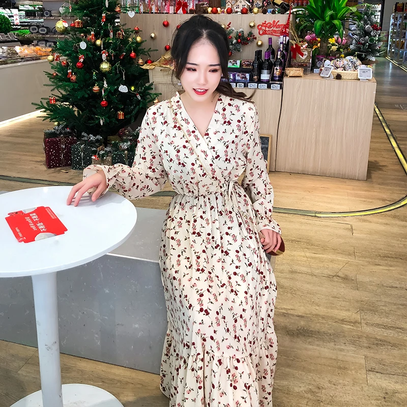 

HStar 2020 Autumn Elegant Printed Women Dress Lady High Waist A-line Ruffle Dress Female V-neck long sleeve Vestidos