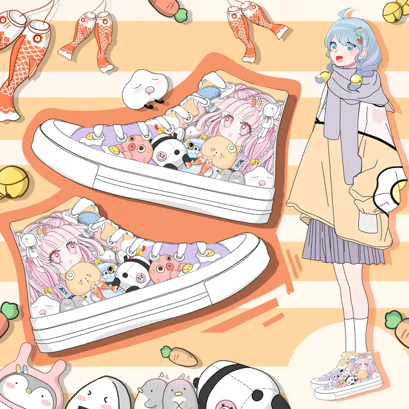 

Милые холщовые кроссовки Kawaii с героями мультфильмов для девочек, женские студенческие высокие кроссовки с ручной росписью, японская женска...