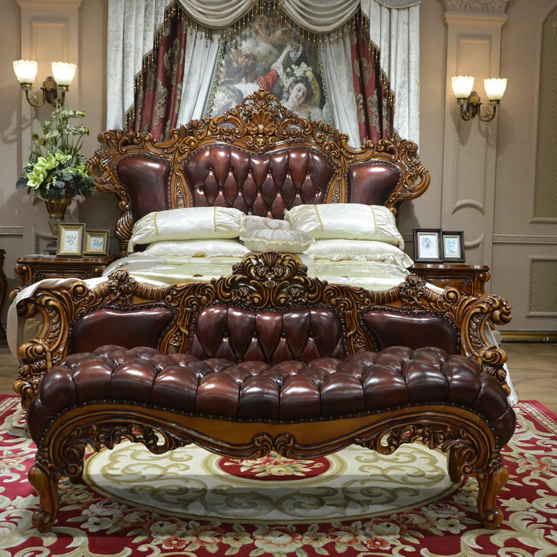 

European solid wood carved double queen bed villa master bedroom American luxury wedding bed