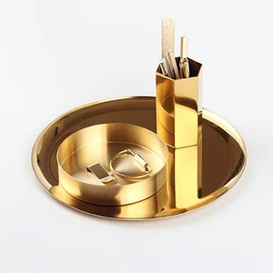 Stainless Steel Round Dish Storage Tray Fruit Tower Dessert Tea Snack Jewelry Home Decor Tray Gold Serving Container Kitchen