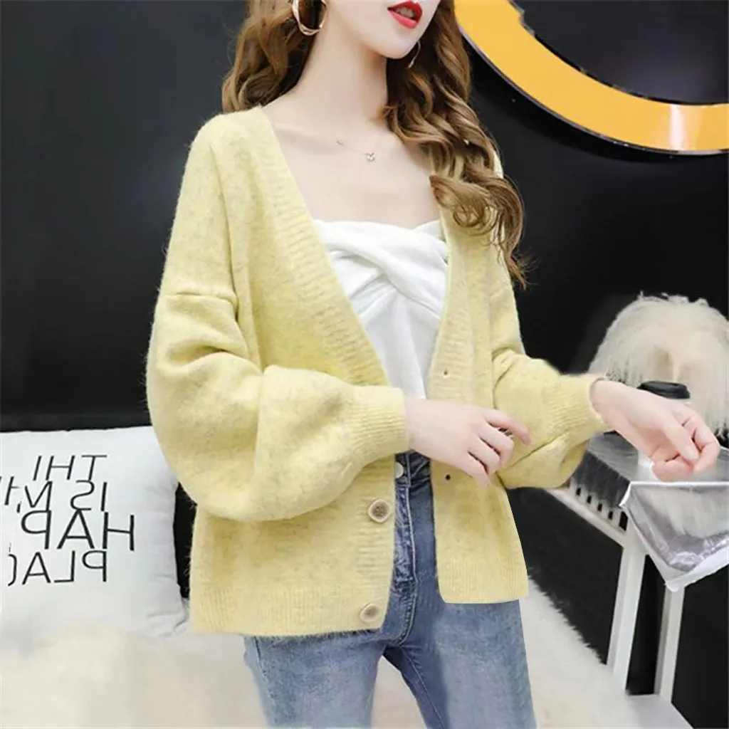 Women Winter Solid Cardigans Long Sleeve Button Casual Fashion Sweater Knitting Basic Tops V-Neck Slim Fit |