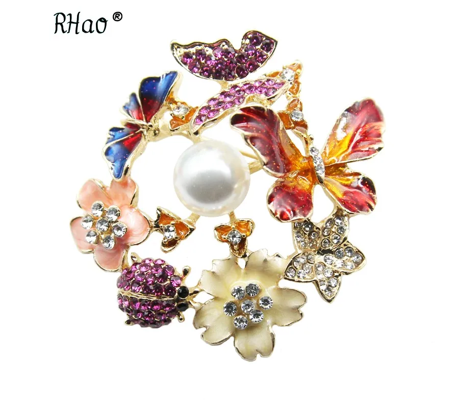 RHao романтический разноцветный цветок броши для женщин бабочка брошь эмаль Шпильки горный хрусталь одежда в виде божьей коровки корсаж подарочные булавки - Окраска металла: Multi