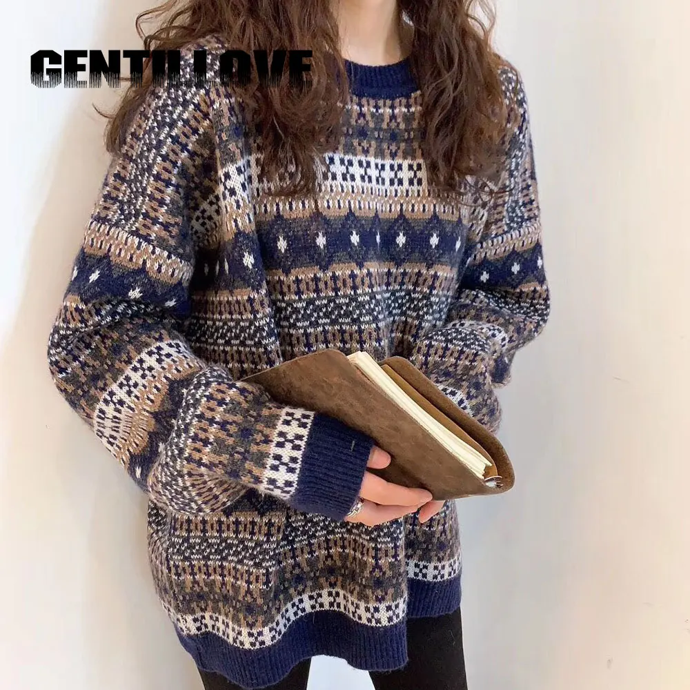 

Women O Neck Knitted Sweater Female Stripe Printing Pullover Lady Autumn Winter Korean Style Jumper Causal Long Sleeve Fashion