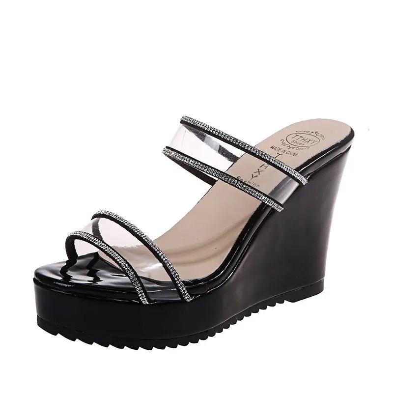 

Slippers Women Summer Platform Transparent Heel High-Heeled Shoes Lady Pantofle Slides On A Wedge Fashion 2021 Soft Luxury Rubbe