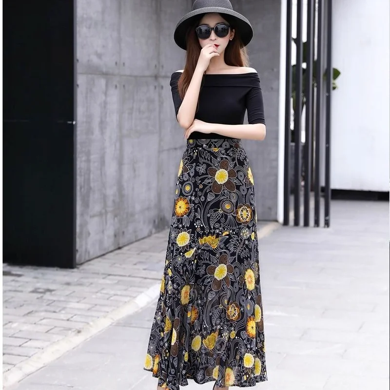 

2021 Summer Elegant Floral Print Ruffle Chiffon Skirt Elastic High Waist Beach Holiday Long Skirts for Women Jupe Femme X19