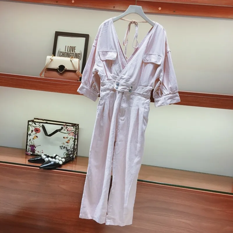 Elegant Fashion Qualities V-Neck Backless Lace Up Womens Denim Jumpsuits Half Sleeve Pocket Ankle Length Female Loose Overalls | Женская