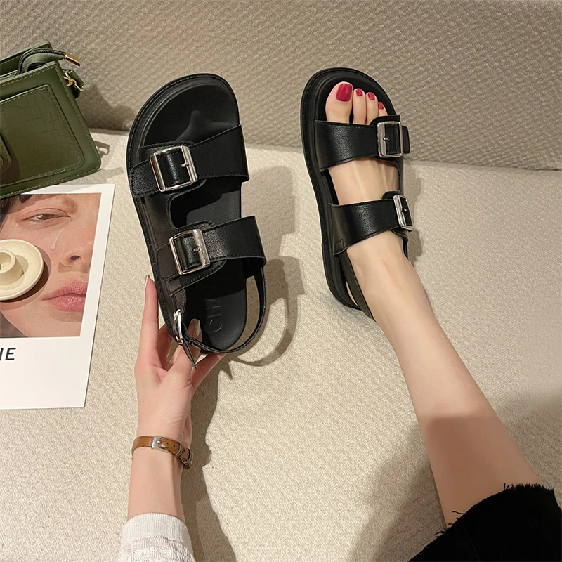 

2021 Summer Platform Sandals Women Concise Buckle Strap Punk Black White Casual Flat Sports Shoes Women Fashion Chunky Sandals