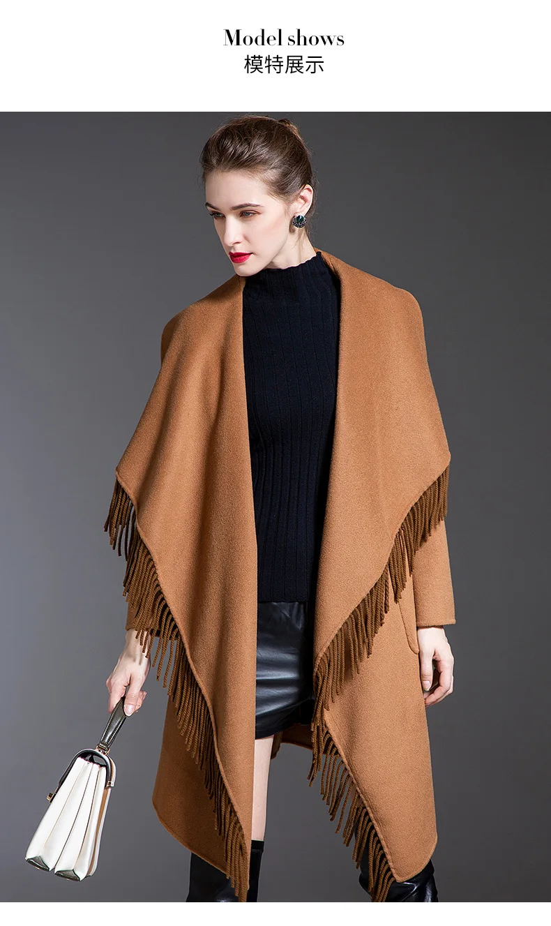 

lady Fall and winter new lapel fringed coat over the knee coats mid-length jackets double-sided cashmere woolen jacket overcoats