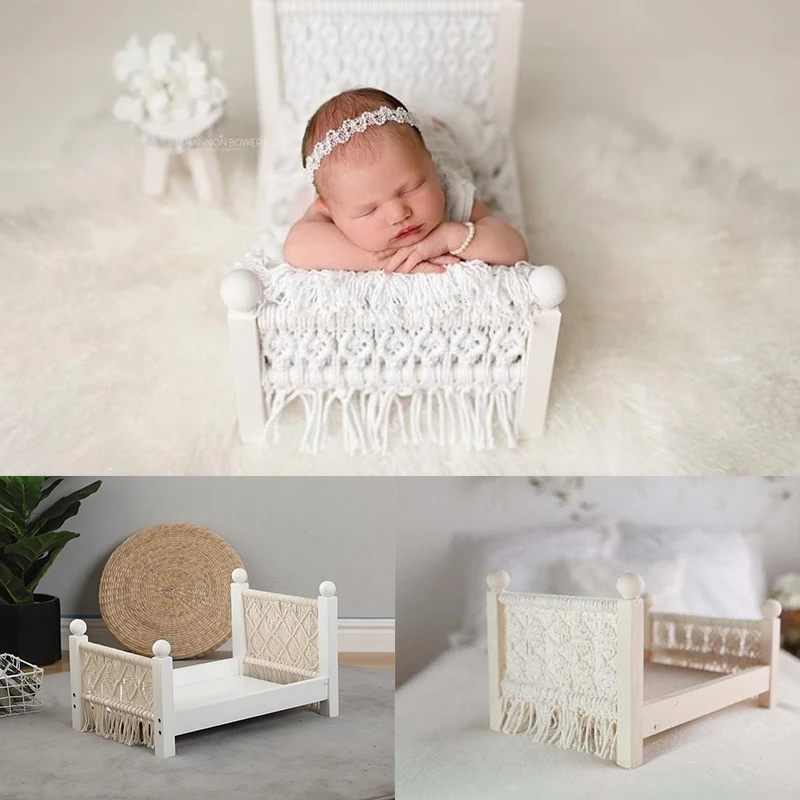 

Hand-woven Bed Newborn Photography Props Baby White Wood Crib With Tassels Shooting Assisted Solid Wood Bed Props Posing Props