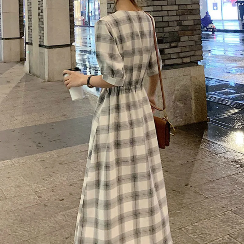 

Ankle-length Dress Women Drawstring V-neck Plaid Retro Leisure Slim Ulzzang Daily Short Sleeve College Students Summer All-match