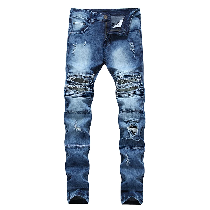 

New European American trend high-street crumpled knee-hole jeans men's male motorcycle stretch slim-fit pants trousers