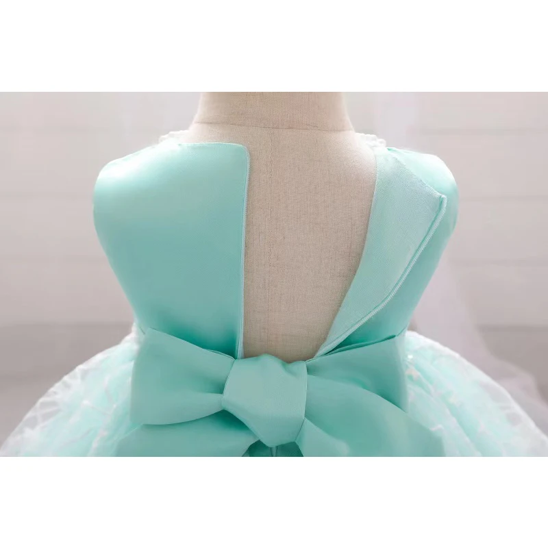 

Flower Girls Dresses Illusion O-Neck Sleeveless Appliques Pearls Sequined Tulle Lace Luxury Green Kids Party Princess Gown F585