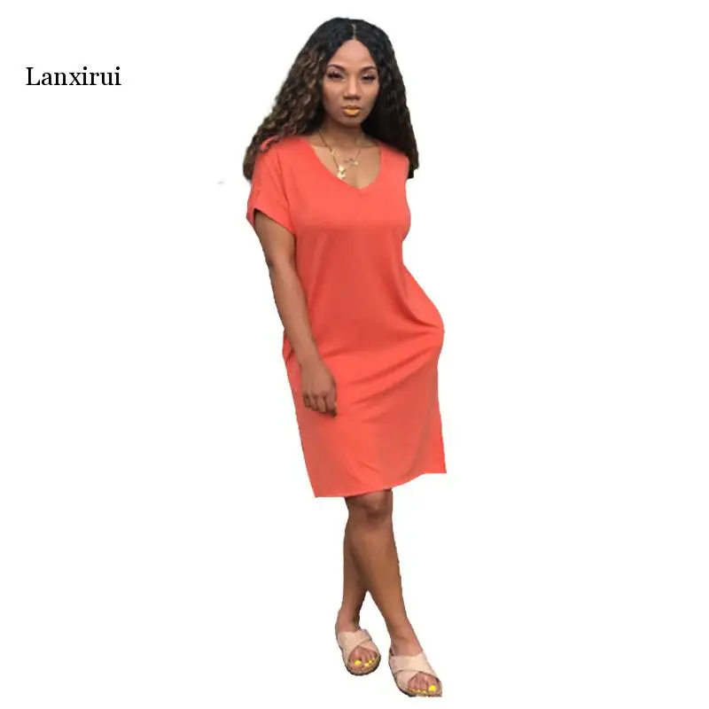 

Женское однотонное платье с V-образным вырезом и коротким рукавом