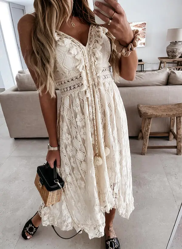 

2021 elegant soft comfortable loose long sleeveless white New European And American Lace Suspender Solid Color Dress