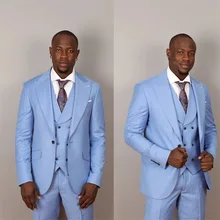 Conjunto de trajes de tres piezas para hombre, traje informal de negocios, hecho a medida, azul claro, con un solo botón, para fiesta, boda, Tuexdos (3)