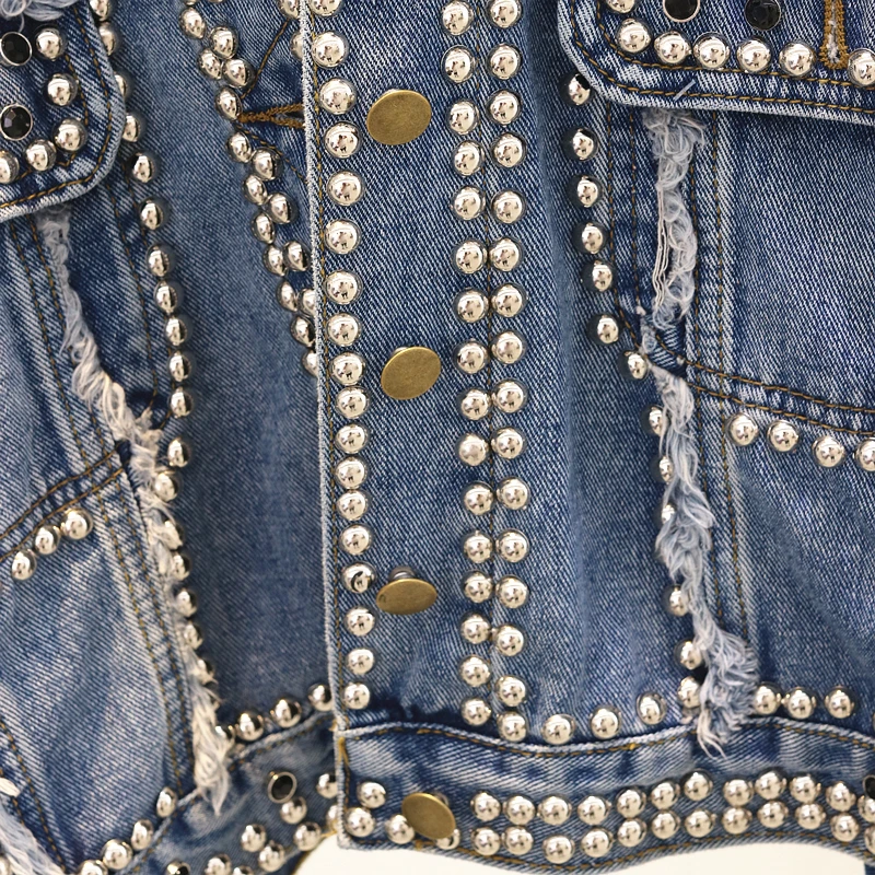 

Autumn 2019 Women Denim Jacket Runway Designer Long Sleeve Beading Outerwear Coat Denim Casual Rivet Loose Female Jacket 2019
