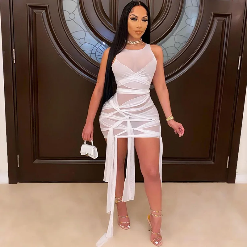 

Ribbons Mesh See Through Bodycon Party Dresses Women Sexy Clubwear Mini Dress Solid Sleeveless Basic Female Outfits