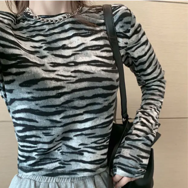 

Zebra Slim Long Sleeves T-shirts Women's Clothing All-matching Compatible Stripe Design Sense Ins Style Shirt