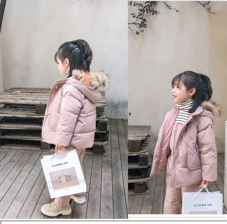

2020 New Winter 2 3 4 6 8 Years Fur Hooded Jacket+Overalls Suit 2Pcs Duck Down Children Clothing Set for Baby Kids Girls Boys