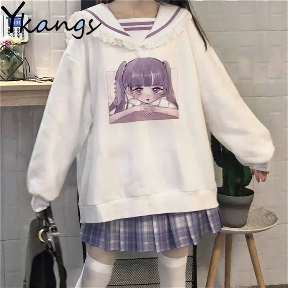 

Japanese Sailor Collar Sweet Cartoons Printing Loose Tops Autumn Winter Kawaii Maiden Clothing Harajuku Preppy Style Streetwear