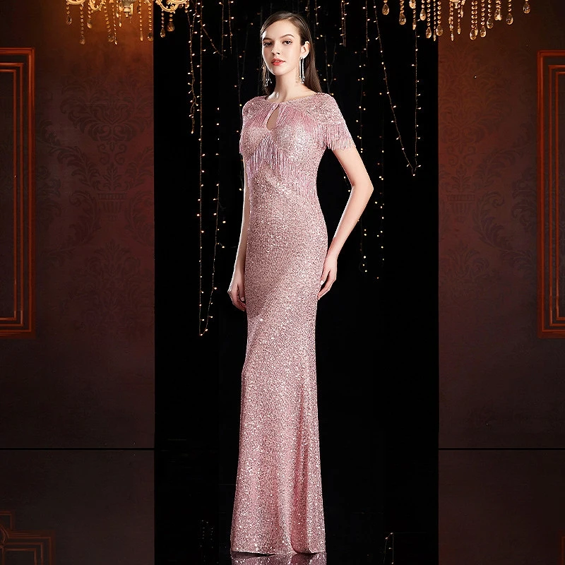 

Dusty Pink Mother of the Bride Dresses Mermaid Short Sleeve Floral Print Tassel Groom Mother Wedding Guest Evening Gowns Elegant