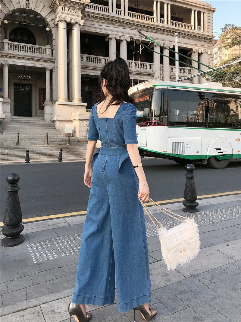

Ladies Summer New Fashion High Waist Denim Jumpsuits Round Neck Slim Belt Short Sleeve Female Wide-legged Pants