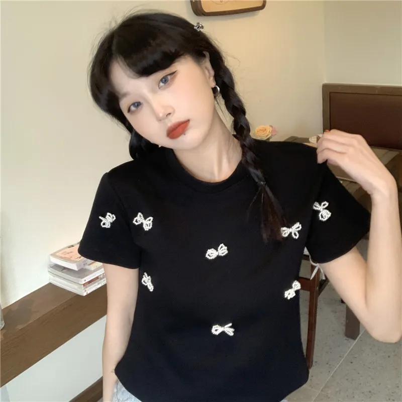 

YTX293 Student short summer heavy industry beaded bow tie round neck t-shirt top