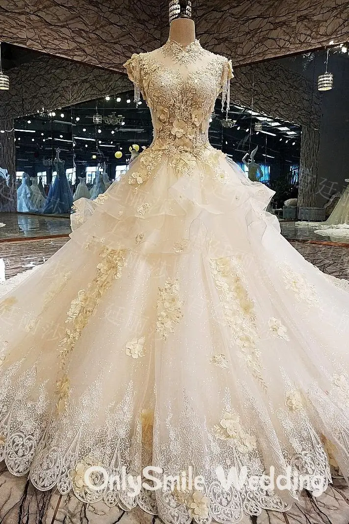 

Vestido De Noiva Luxury Bride Dresses High Neck Sequins Flowers Beade Ball Gown Wedding Dresses Lace Up Royal Train Wedding Gown