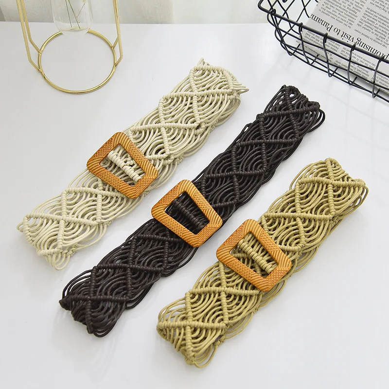 

New Women Elastic Waist Belt for Dress Sweater Decorative Hollow Out Waist Seal Fashion Wide Waistbands Wax Rope Woven Belt