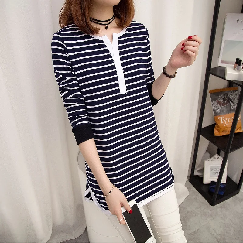 Женская хлопковая футболка в полоску с длинным рукавом и V образным