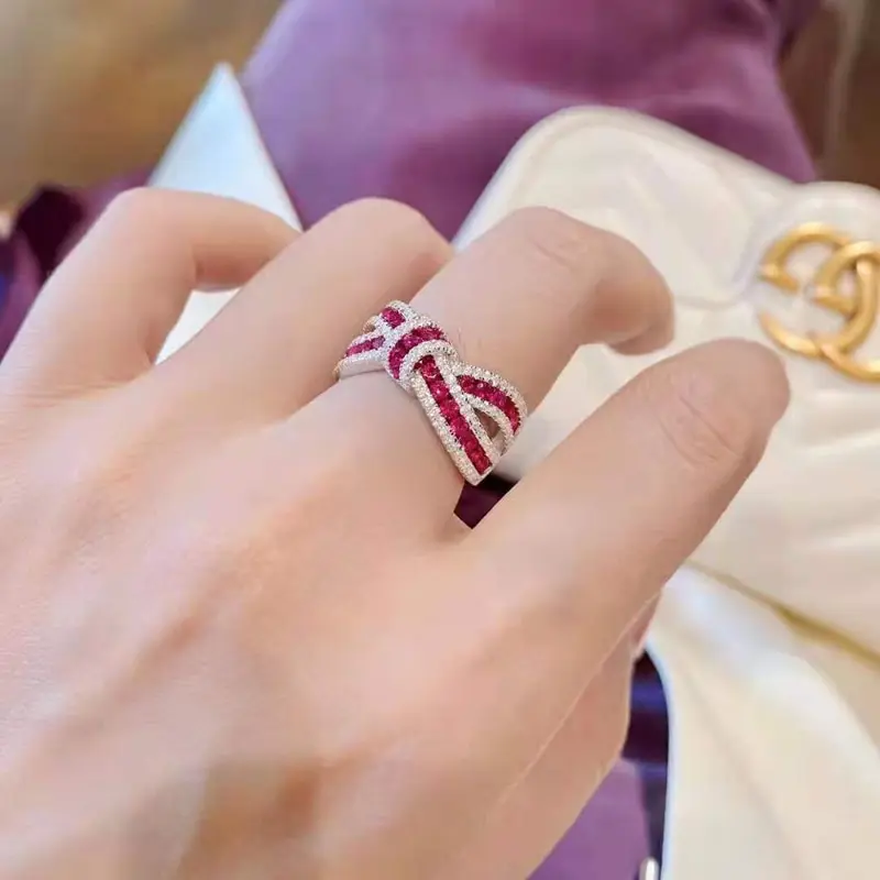 

Jazaz Fine 100% 925 Sterling Silver Ruby Gemstone Diamond Bowknot Rings For Women Sparkling Wedding Party Wholesale Gift B01356