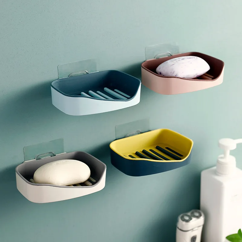 

Double-Layer Soap Rack Wall Mounted Soap Tray Holder Bathroom Plastic Soap Sponge Box Self Adhesive Soap Dishes Rack Sleeve Box