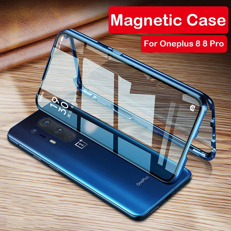 

360 Full Magnetic Case For Oneplus 8T 8 Pro Aluminum Metal Bumper Tempered Glass Cover For Oneplus 9R 9 Pro 7 7T 6 Phone Case