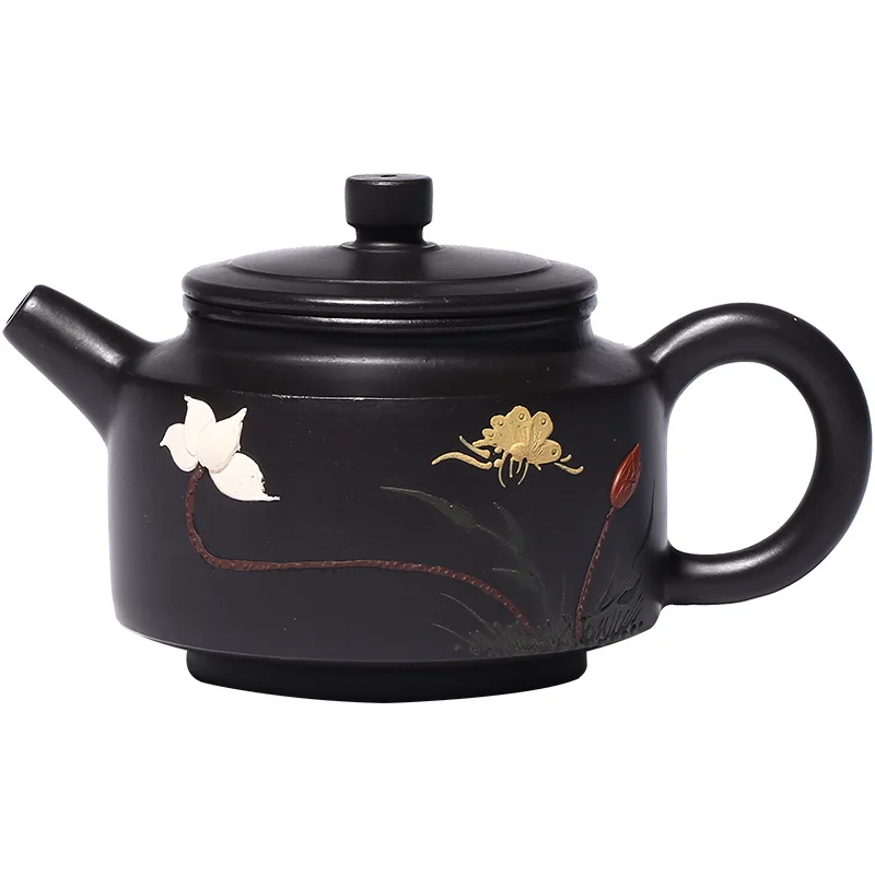 

Yixing purple clay pot raw ore black mud painted orchid Dezhong tea set gift goods
