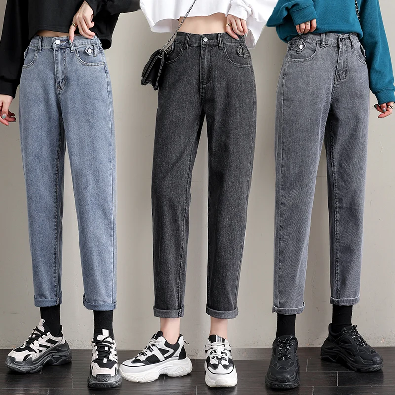 

FAKUNTN Jeans 2021 High Waist Spring Autumn Harem Pants Woman Denim Pants Cotton Loose Jeans Fashion Women's Nine-point Straight